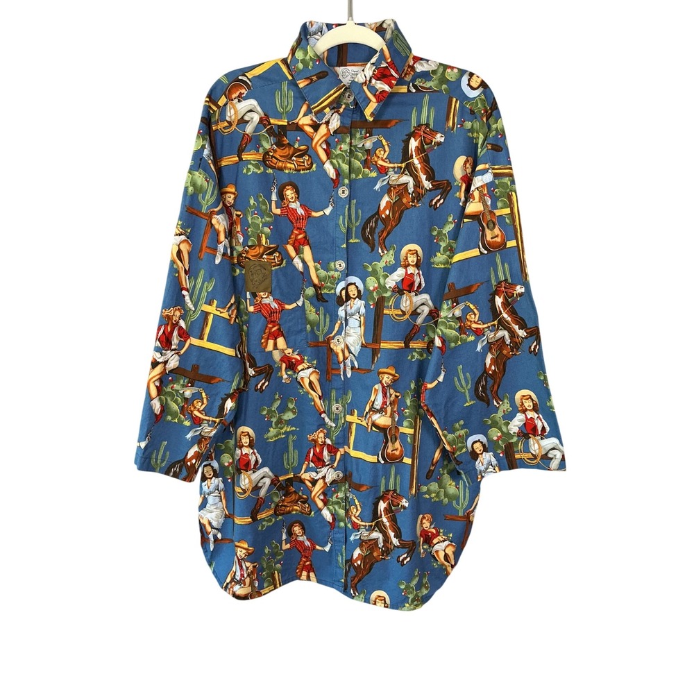 Original Cowboy Pajamas Blue Pin Up Cowgirl Western Print Shirt XL Made in USA